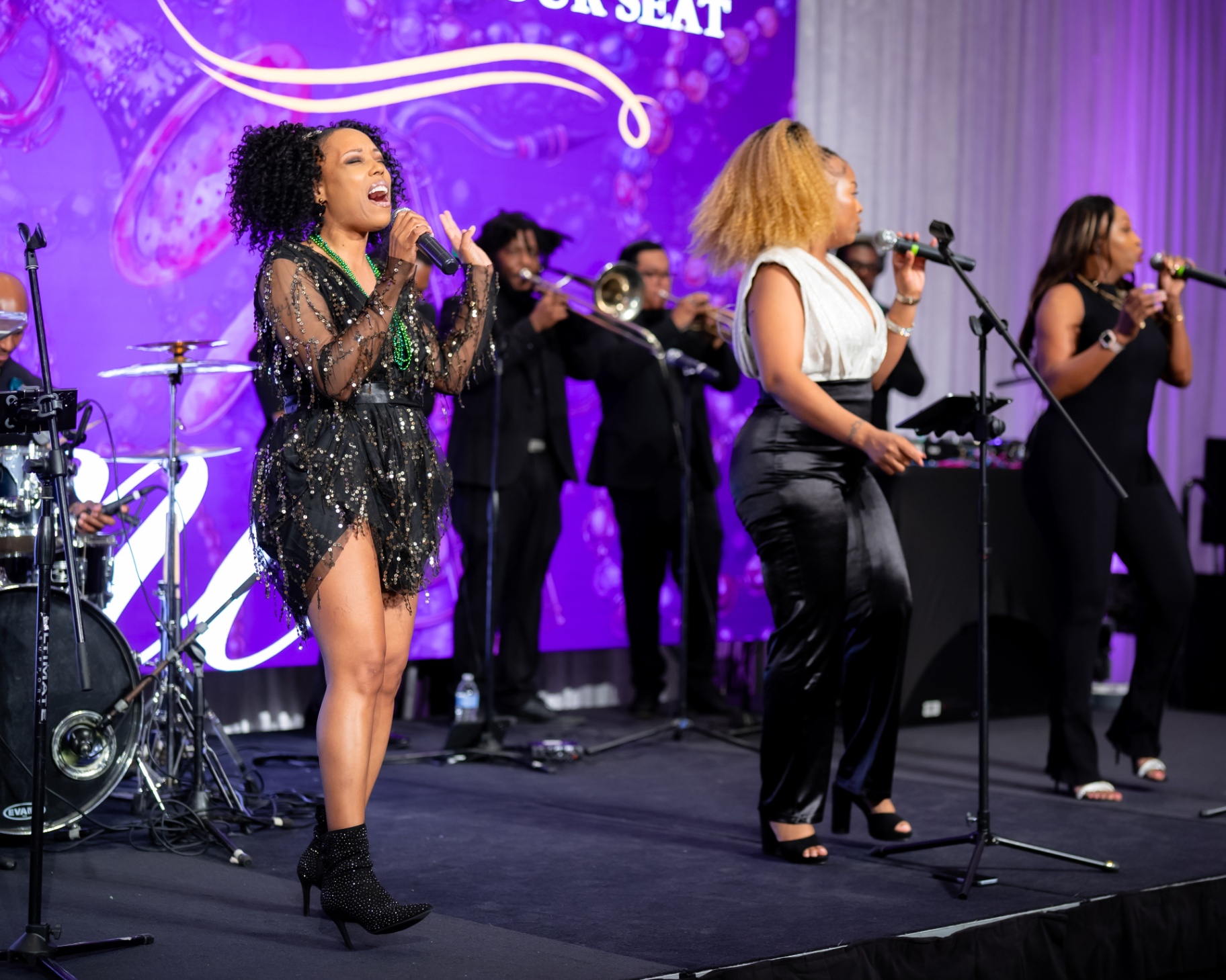 Lead vocalist on stage with the band